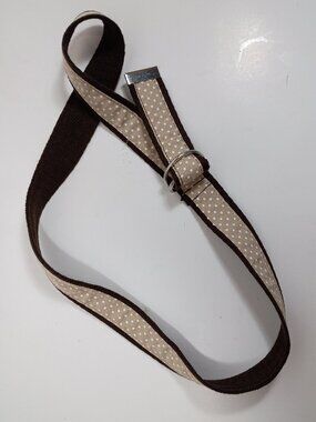Brown Cream White Polka Dot Canvas Webbing Belt Silver D-Ring Buckle Size 10